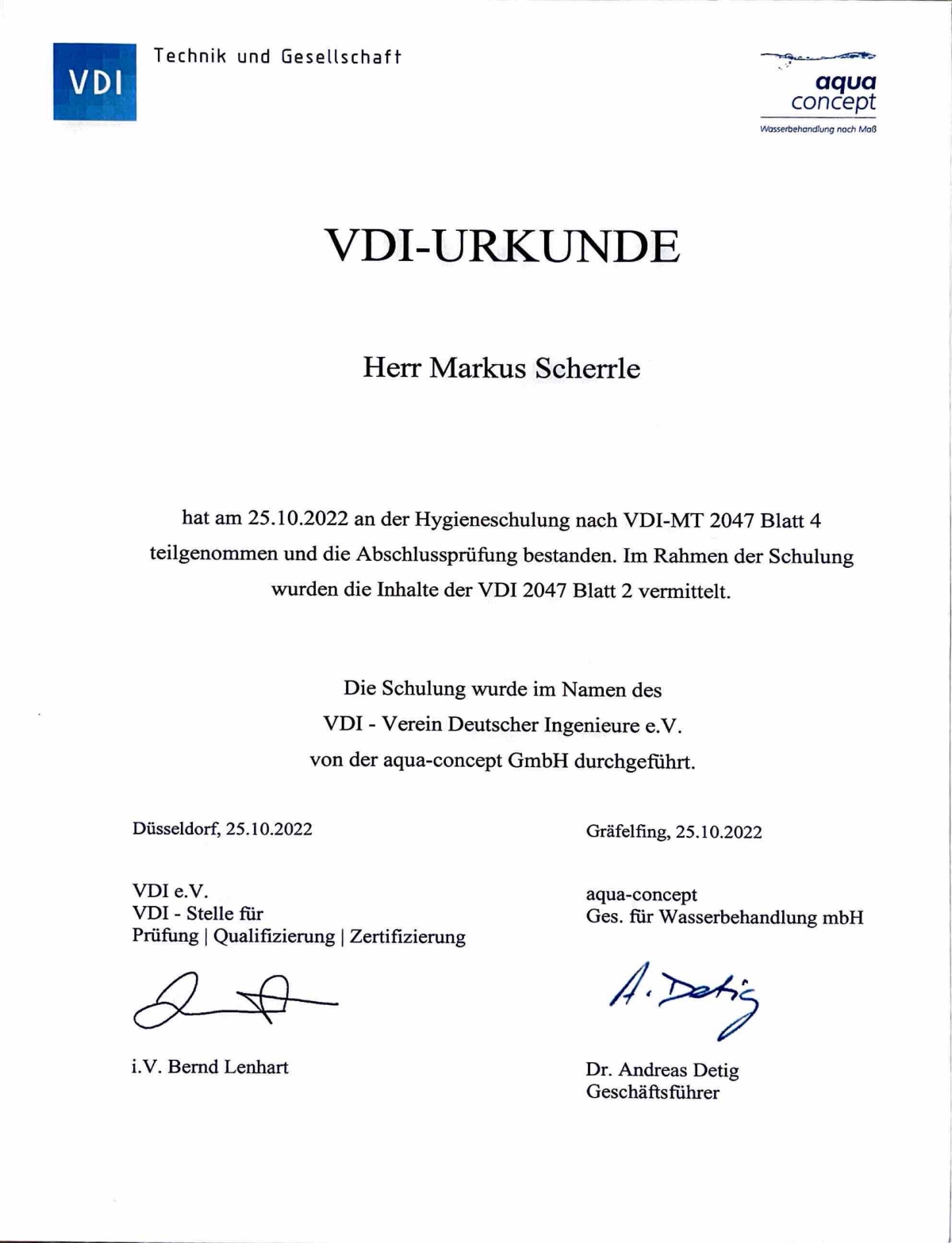 Hygieneschulung Urkunde VDI 2047